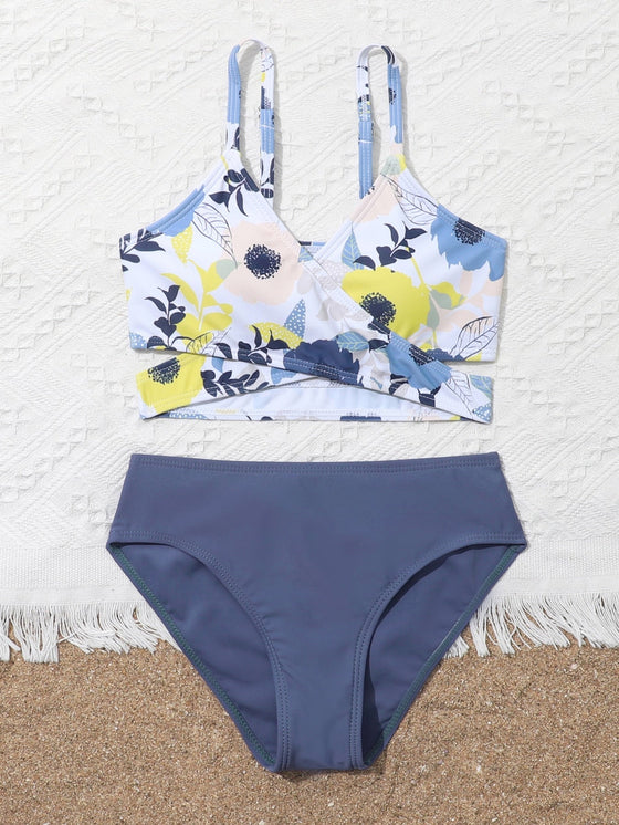 Girls Plant Print Wrap Bikini Swimsuit