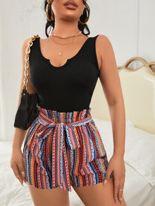  Colorblock Geo Print Notched Neck Belted Jumpsuit