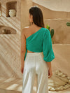 One Shoulder Lantern Sleeve Knot Side Crop Top