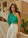 One Shoulder Lantern Sleeve Knot Side Crop Top