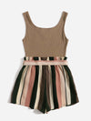 Notched Neck Block Stripe Belted Tank Romper