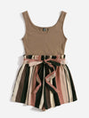 Notched Neck Block Stripe Belted Tank Romper