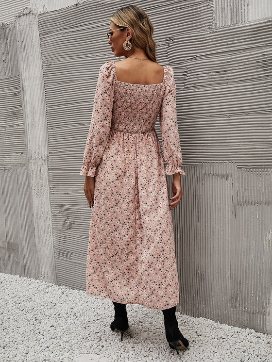 Ditsy Floral Shirred Flounce Sleeve A line Dress