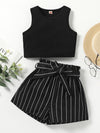 Girls Ribbed Knit Tank Top Striped Paperbag Waist Belted Shorts