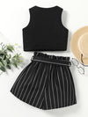 Girls Ribbed Knit Tank Top Striped Paperbag Waist Belted Shorts