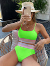 Neon Green Tankini Set Contrast Trim Cami Top High Waist Bikini 2 Piece Swimsuit