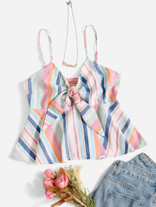  Colorful Striped Tie Front Shirred Back Peplum Cami Top