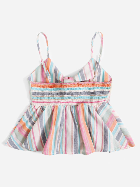 Colorful Striped Tie Front Shirred Back Peplum Cami Top