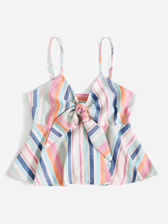 Colorful Striped Tie Front Shirred Back Peplum Cami Top