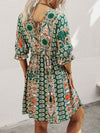 Floral Print Flounce Sleeve Overlap Collar Tie Back Dress