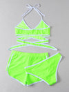 3pack Neon Lime Contrast Binding Halter Bikini Swimsuit