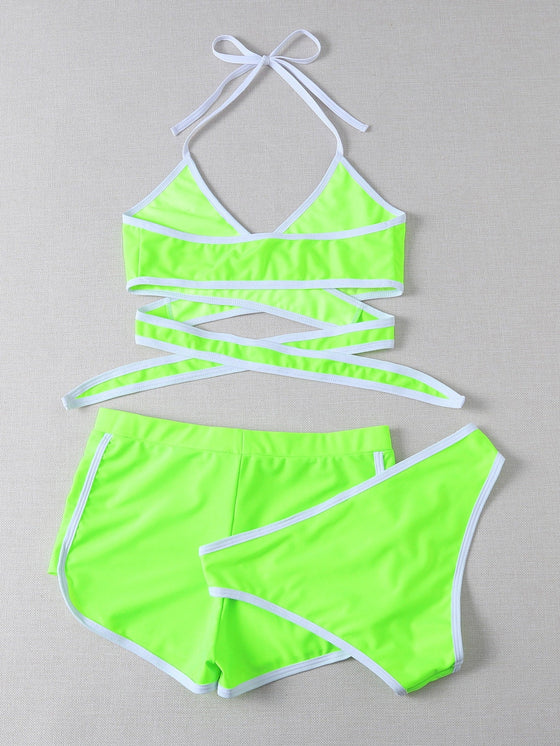 3pack Neon Lime Contrast Binding Halter Bikini Swimsuit