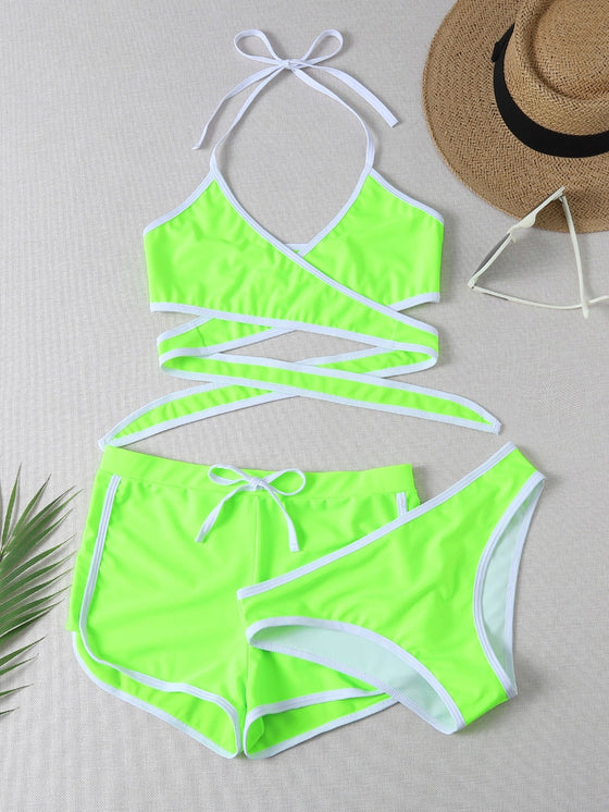 3pack Neon Lime Contrast Binding Halter Bikini Swimsuit