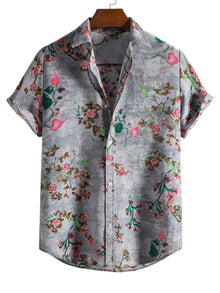  Men Random Flower Print Button Front Shirt