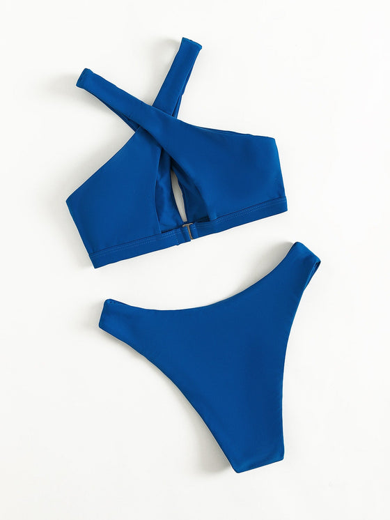 Solid Cross Neck Bikini Swimsuit