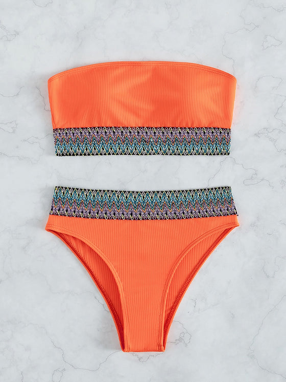 Contrast Tape Bandeau Bikini Swimsuit