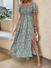 Puff Sleeve Shirred Bodice Ditsy Floral Split Thigh Dress