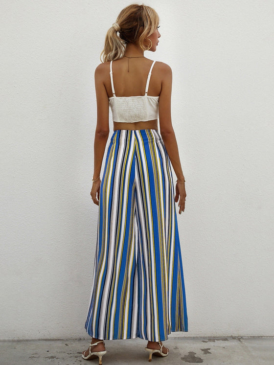 Shirred Crop Cami Top With Striped Split Wide Leg Pants