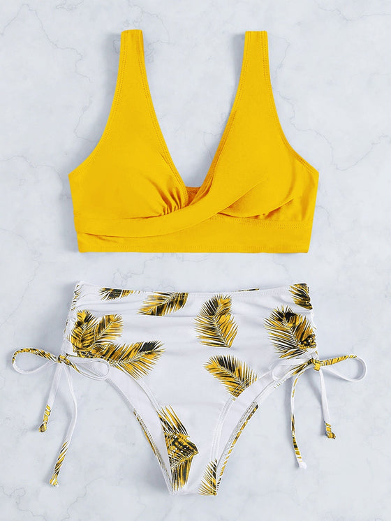 Plant Print Drawstring Side Bikini Swimsuit