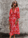 Ditsy Floral Deep V neck Ruffle Hem Dress