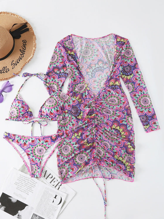 3pack Floral Print Halter Bikini Swimsuit Cover Up