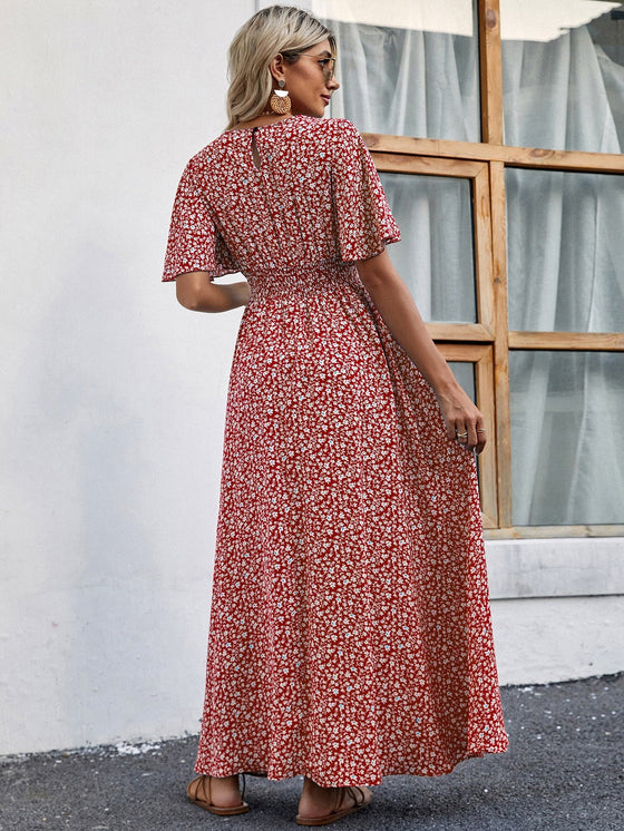 Ditsy Floral Print Keyhole Back Shirred Waist Dress