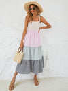 Knot Shoulder Colorblock Gingham Print Shirred Ruffle Hem Dress