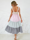 Knot Shoulder Colorblock Gingham Print Shirred Ruffle Hem Dress