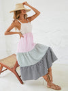 Knot Shoulder Colorblock Gingham Print Shirred Ruffle Hem Dress