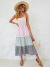 Knot Shoulder Colorblock Gingham Print Shirred Ruffle Hem Dress