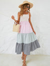 Knot Shoulder Colorblock Gingham Print Shirred Ruffle Hem Dress