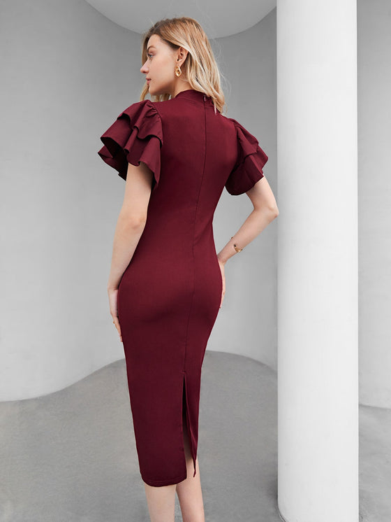 Layered Flutter Sleeve Split Back Bodycon Dress