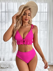  Neon Pink Tie Front Triangle Bikini Swimsuit