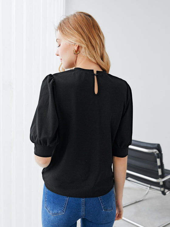 Keyhole Back Mock neck Puff Sleeve Top