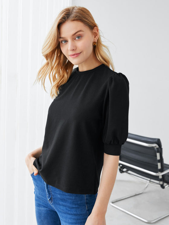 Keyhole Back Mock neck Puff Sleeve Solid Top