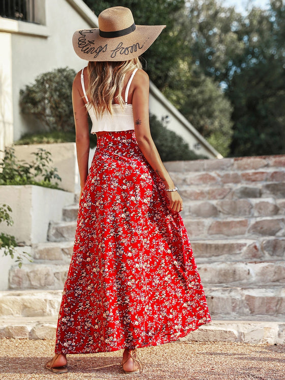 High Waist Floral Print Slit Skirt