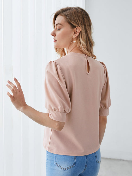 Keyhole Back Mock neck Puff Sleeve Top