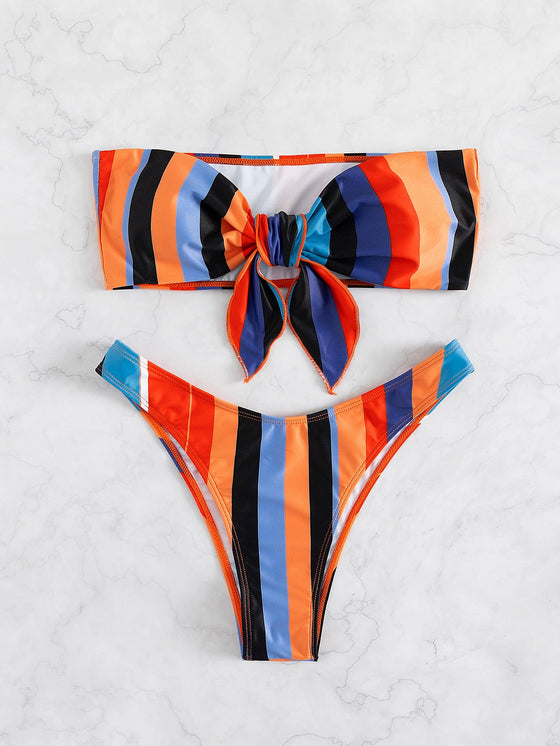 Striped Knot Bandeau Bikini Swimsuit