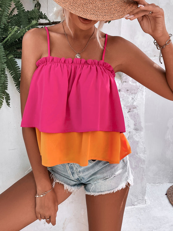 Two Tone Frill Trim Layered Hem Cami Top