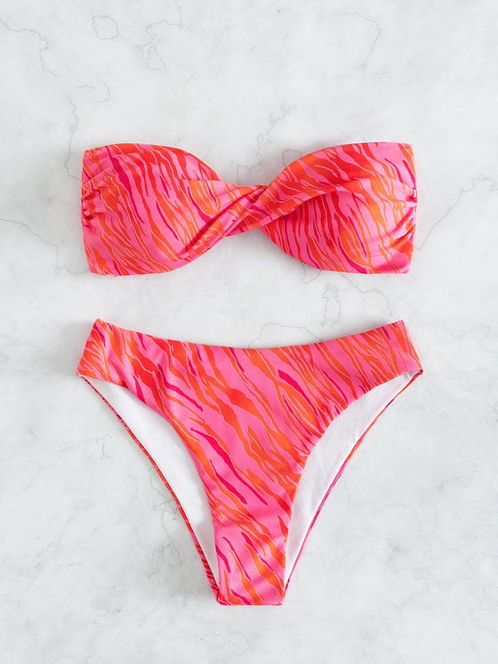 Zebra Stripe Twist Bandeau Bikini Swimsuit