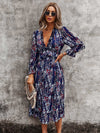 Ditsy Floral Deep V neck Ruffle Hem Dress