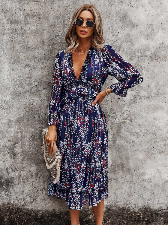 Ditsy Floral Deep V neck Ruffle Hem Dress