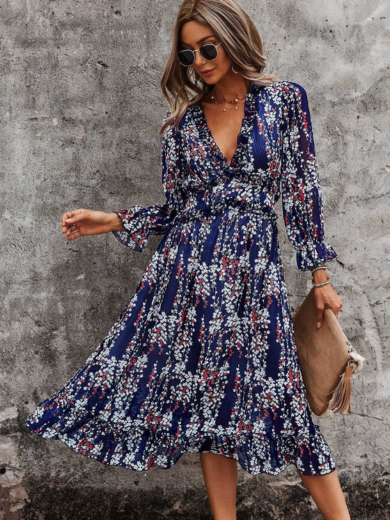 Ditsy Floral Deep V neck Ruffle Hem Dress