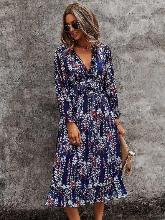 Ditsy Floral Deep V neck Ruffle Hem Dress