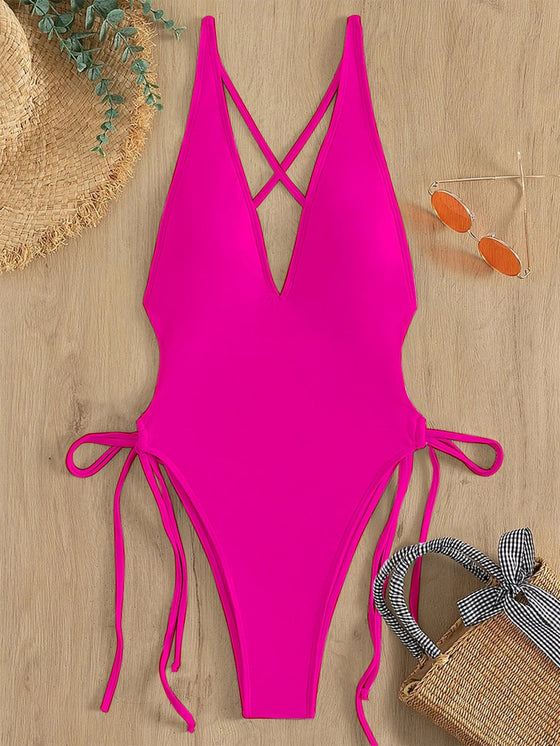 Drawstring Plunging One Piece Swimsuit