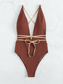  Crisscross Knot Plunging One Piece Swimsuit