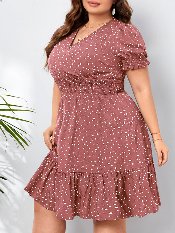 EMERY ROSE Plus Polka Dot Print Shirred Waist Dress