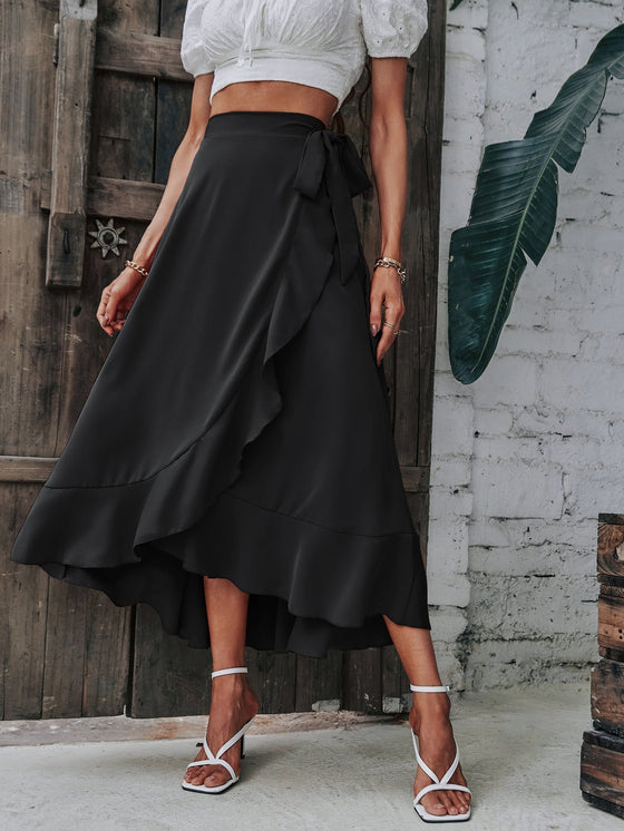 Solid Wrap Hem Tie Side Skirt