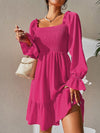 Square Neck Shirred Bodice Flounce Sleeve Ruffle Hem Dress