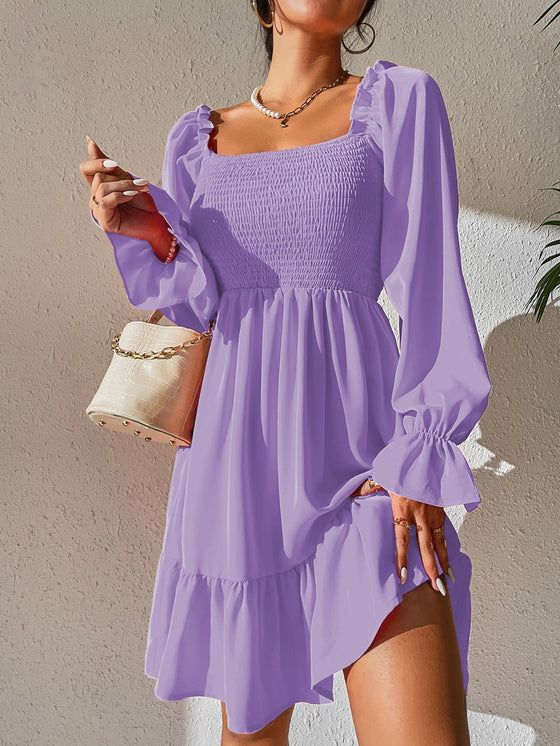 Square Neck Shirred Bodice Flounce Sleeve Ruffle Hem Dress